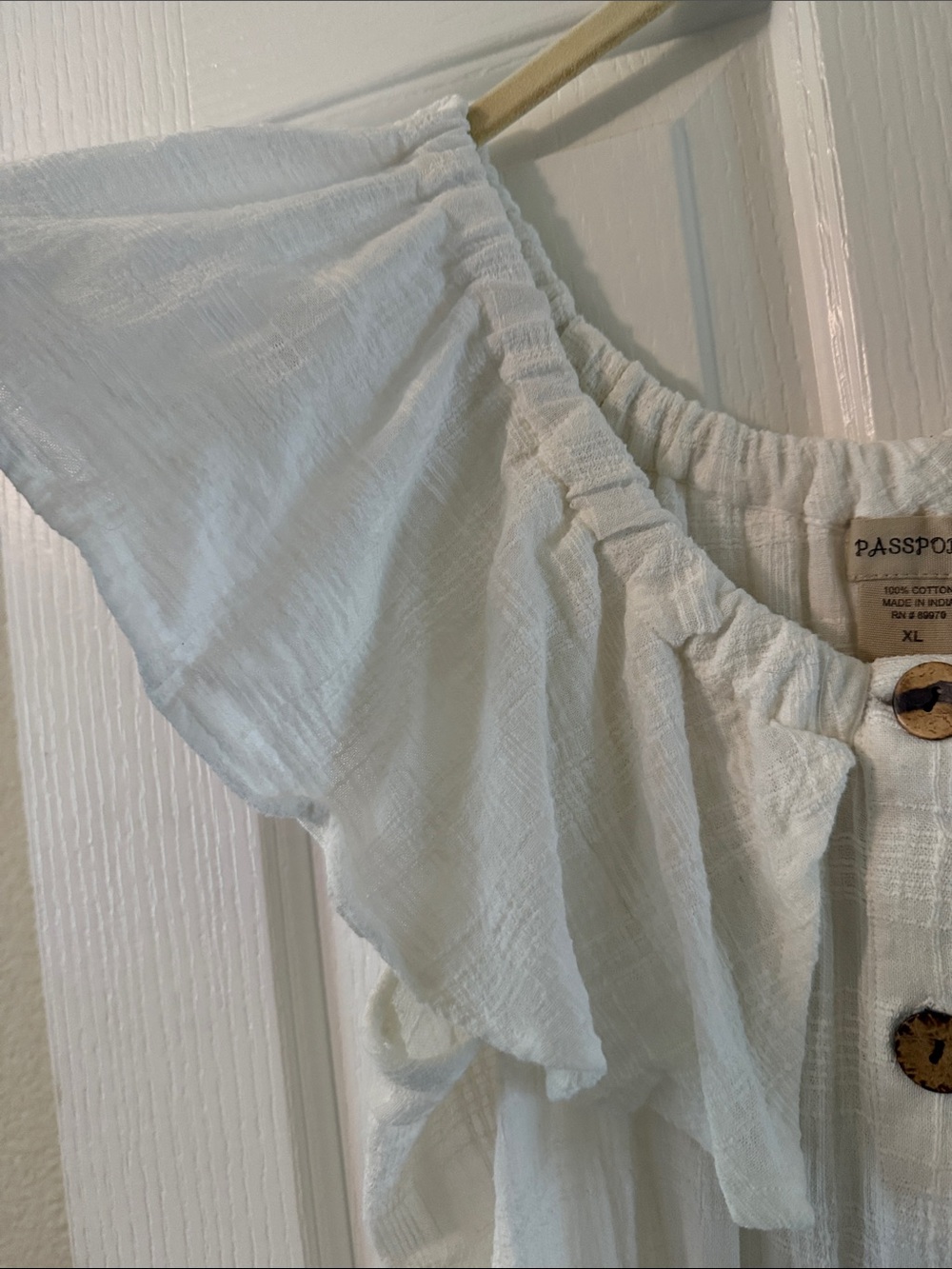 Passport White Ruffled Off-Shoulder Button Front Top - Picture 3 of 6